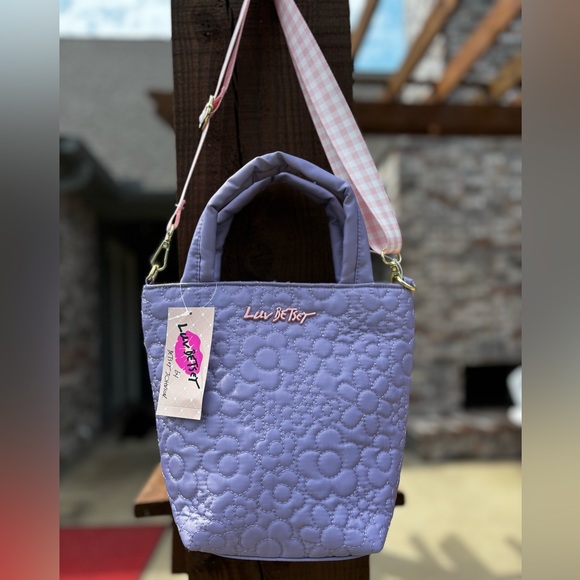NWT! Betsy Johnson Lavender Quilted Nylon Plaid Handle Crossbody Satchel Bag NWT - Picture 5 of 8